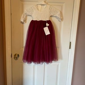 White and maroon flower girl dress